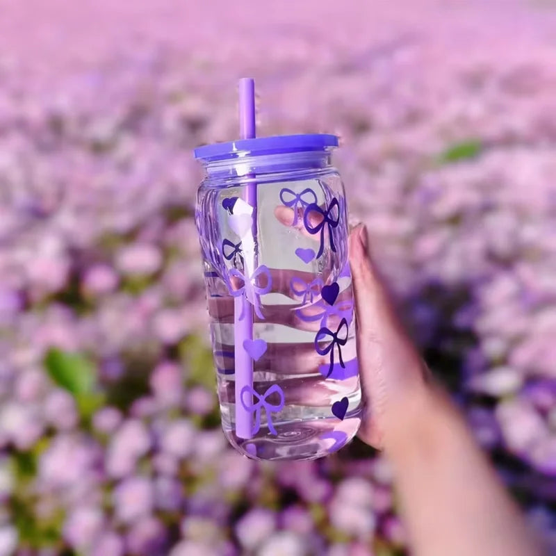 480ml Cute Bowknot Water Bottle with Straw BPA Free Reusable Drink Cup - 10