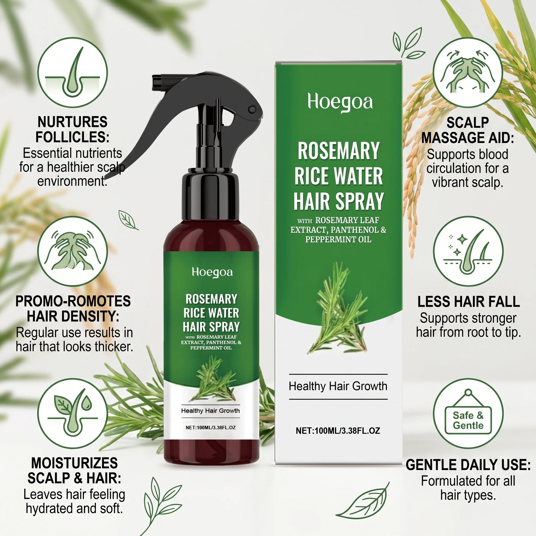 Rosemary Rice Water Hair Growth Spray for Damaged Frizzy Hair - 2