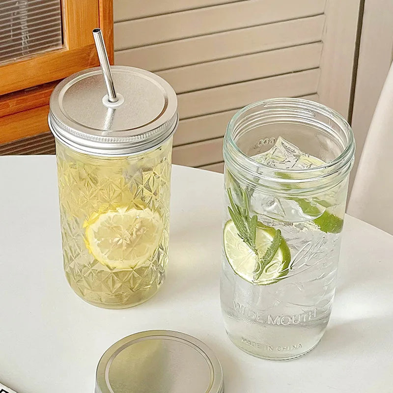 650ml Glass Coffee Cup with Straw and Lid Transparent Iced Drink Mug - 21