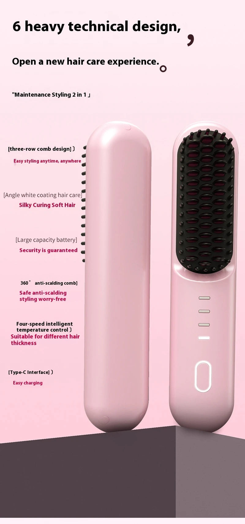Cordless Ion Care Straight Hair Brush 4-Speed Heated Comb - 10
