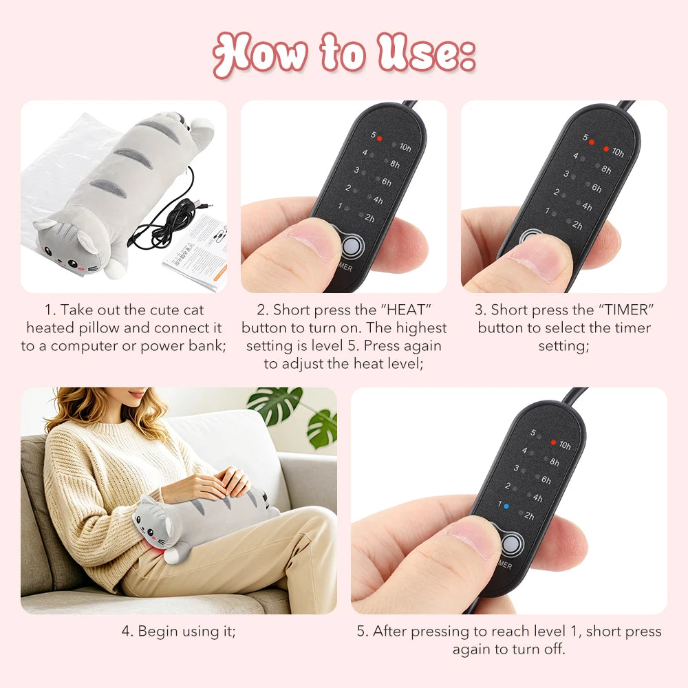Portable USB Cat Heating Pad Soft Plush Hot Compress Pillow