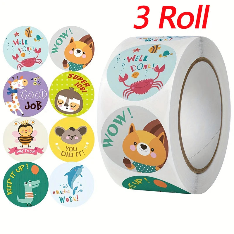500pcs Animal Reward Stickers for Teachers and Students Roll Labels