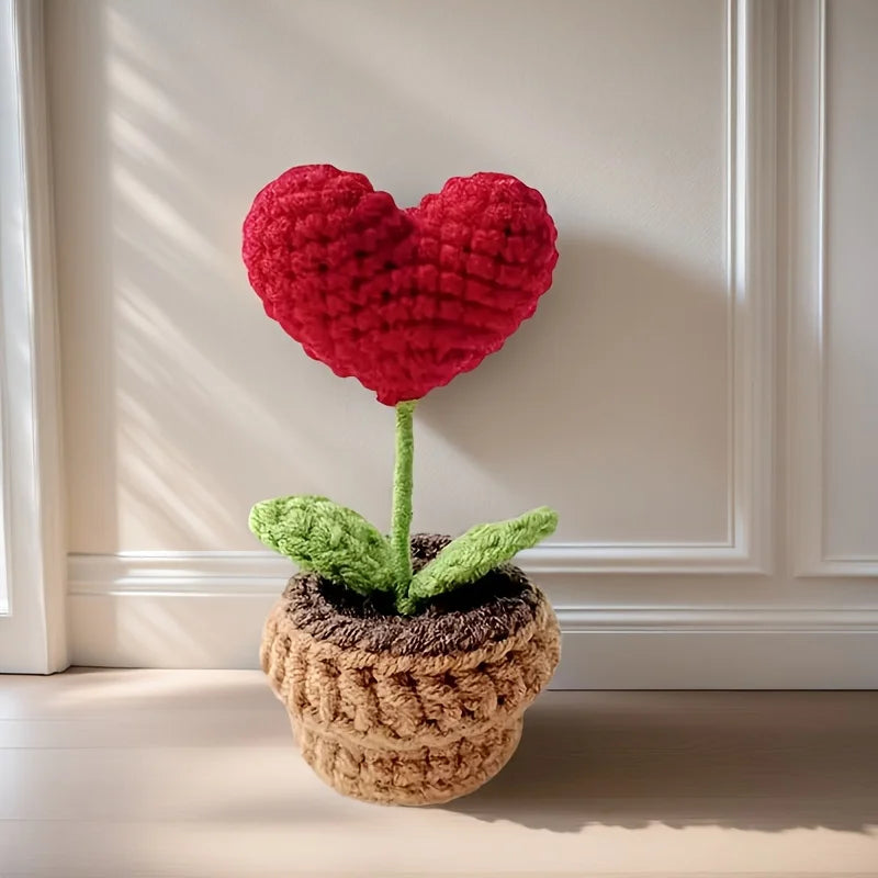 Handmade Knitted Heart Flower Pot Artificial Bonsai Desk Decoration Gift