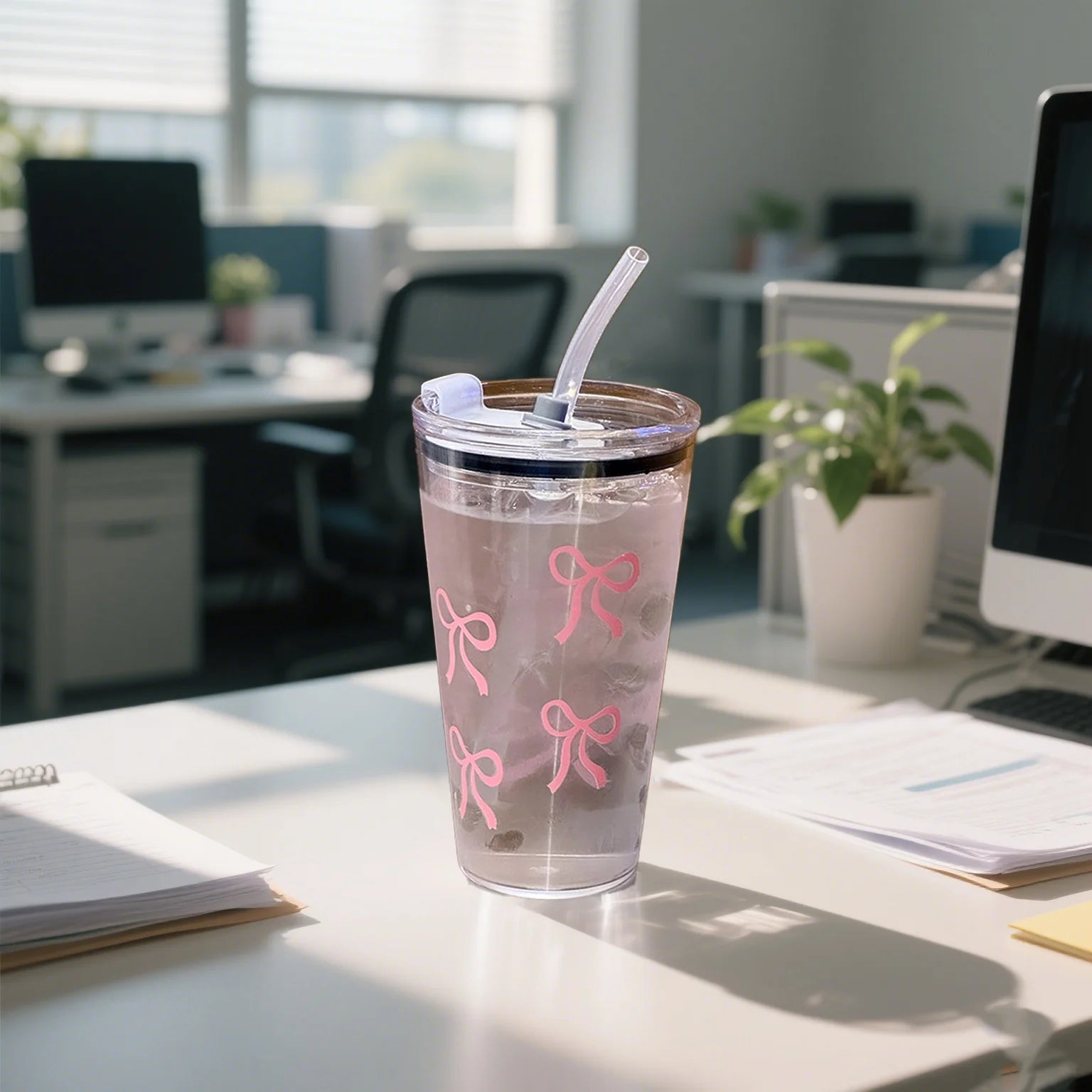 Pink Bow Plastic Tumbler with Straw and Lid Transparent Drink Mug