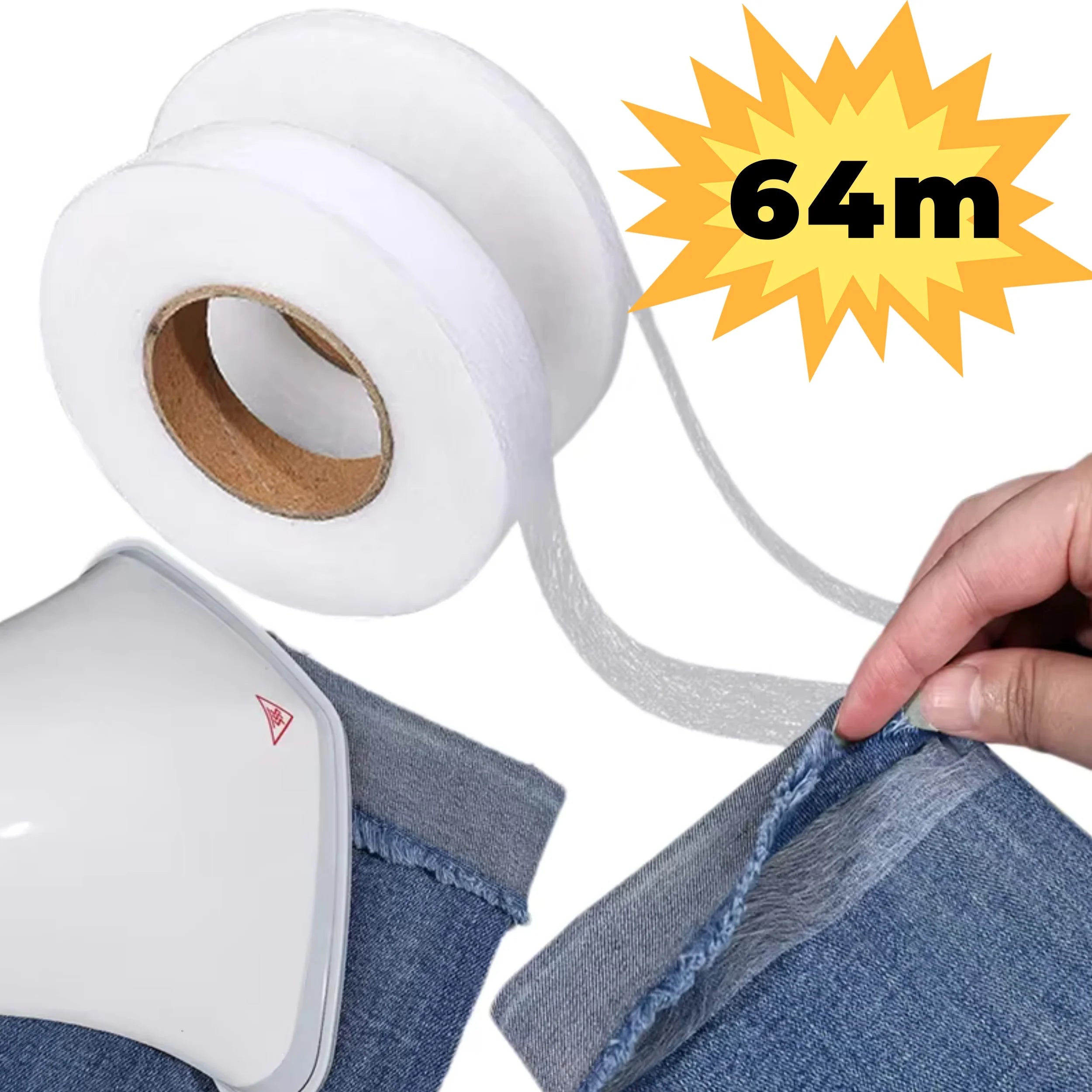Iron-On Hemming Tape 64m Roll Fabric Adhesive for Pants and Sewing - 1