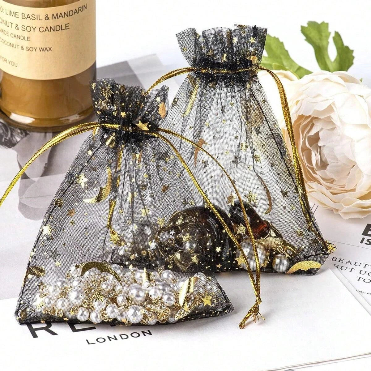 Moon and Star Organza Drawstring Gift Bags for Jewelry and Party Favors - 7