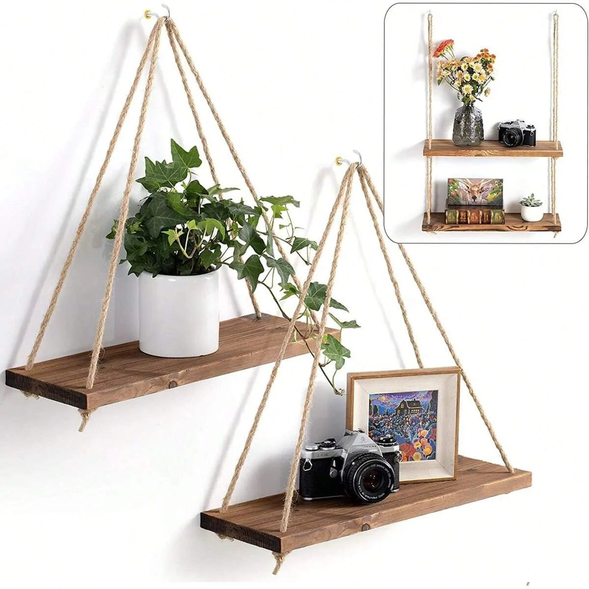 Wooden Hanging Wall Shelf Floating Rope Decor for Plants and Storage - 1