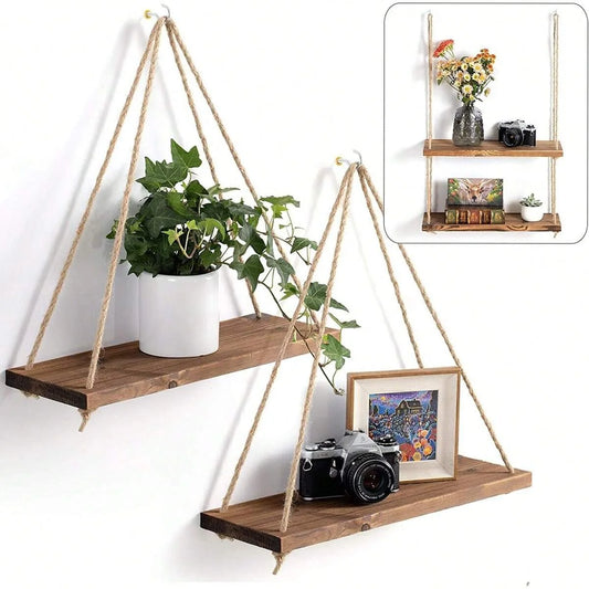 Wooden Hanging Wall Shelf Floating Rope Decor for Plants and Storage