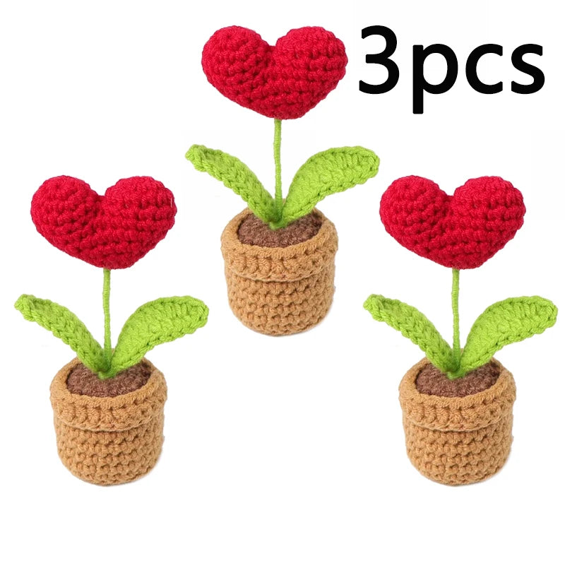 Handmade Knitted Heart Flower Pot Artificial Bonsai Desk Decoration Gift