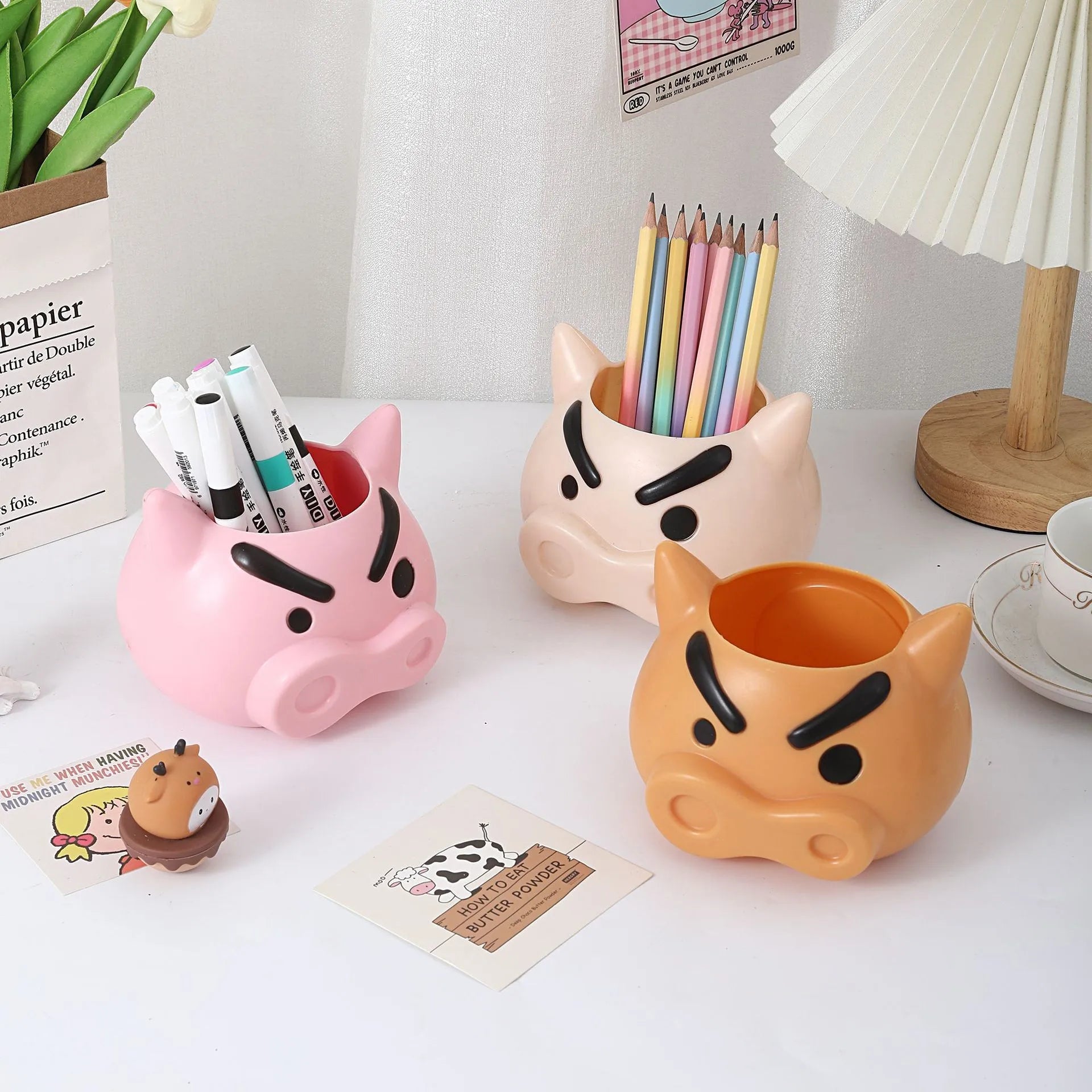 Cartoon Pig Desk Organizer Makeup Brush Holder and Pen Cup - 3