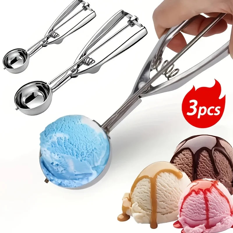 3pc Stainless Steel Ice Cream Scoop Set Trigger Cookie Dough Baller