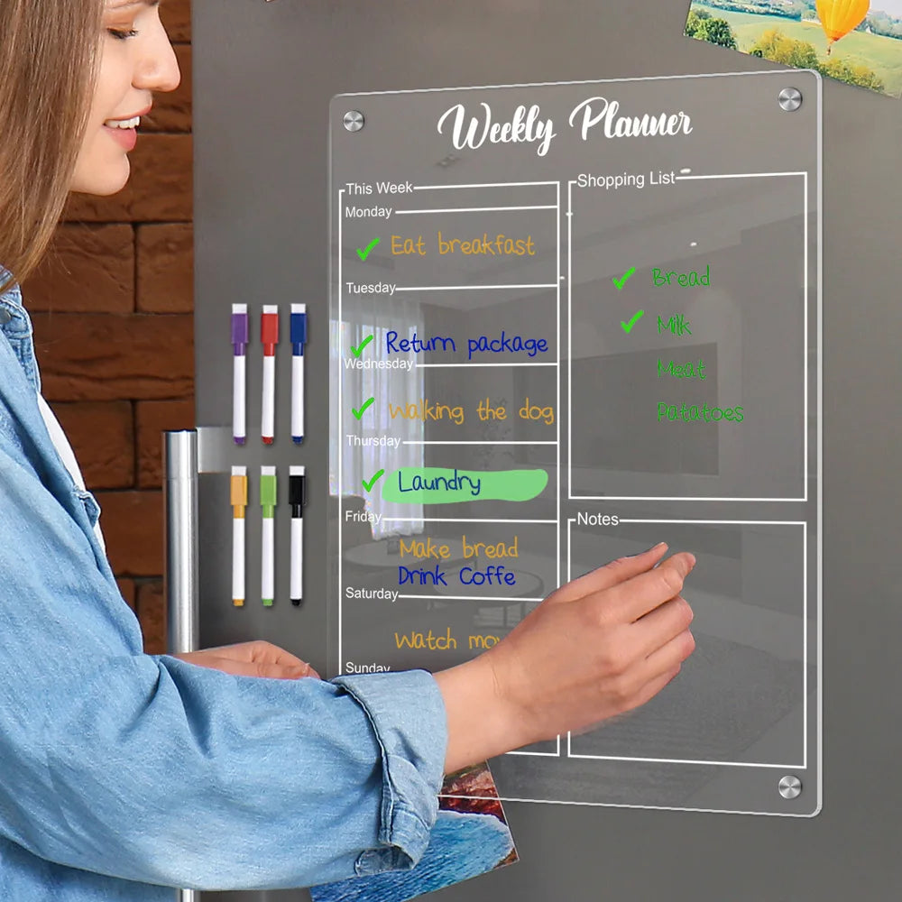 Magnetic Acrylic Fridge Calendar Dry Erase Weekly Planner Board Set - 7
