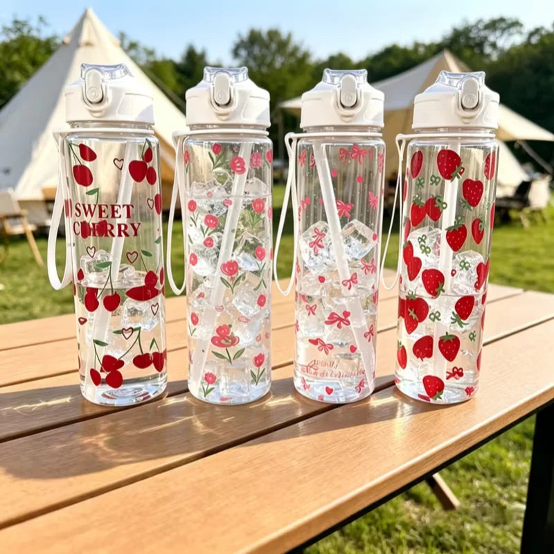 750ml Floral Strawberry Water Bottle Leak Proof Straw Tumbler with Handle - 7
