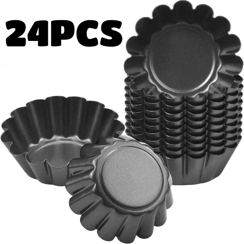 24PCS Non-Stick Egg Tart Molds Carbon Steel Fluted Baking Cups Set
