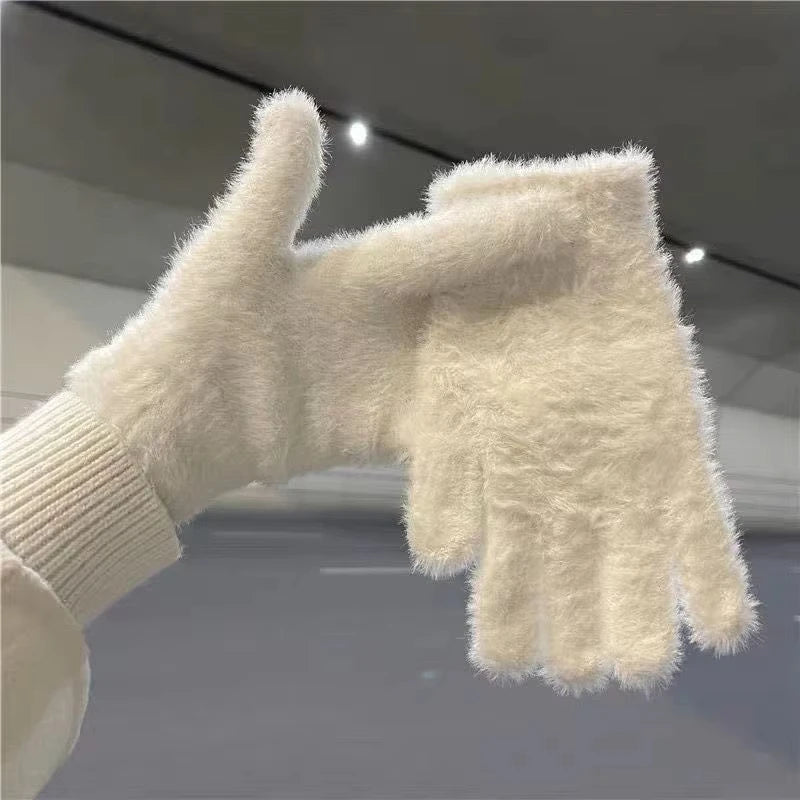 Women Winter Plush Warm Gloves Soft Five Finger Cold Proof Mittens