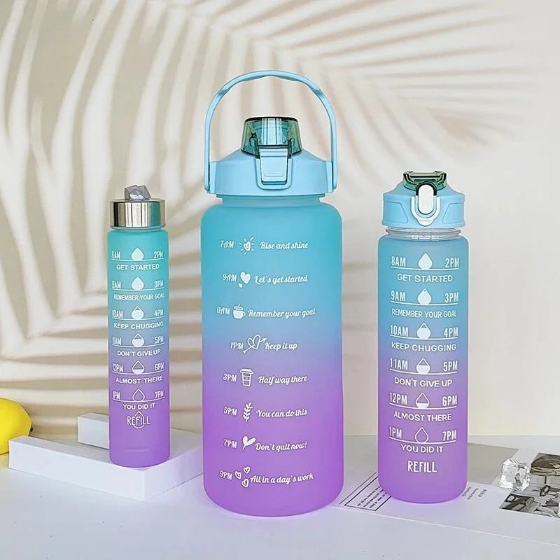 3Pc Gradient Water Bottle Set Large Fitness Motivational Jug with Straw - 11