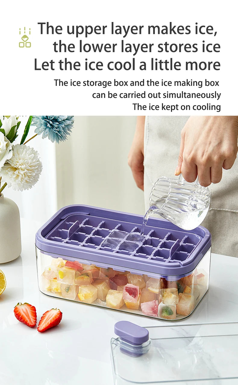 32 Grid Ice Cube Tray with Lid and Storage Bin One Click Release Maker