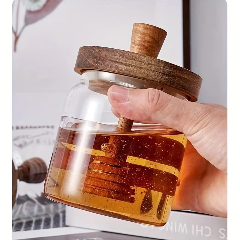 Glass Honey Jar with Wooden Dipper and Lid Syrup Storage Container - 10