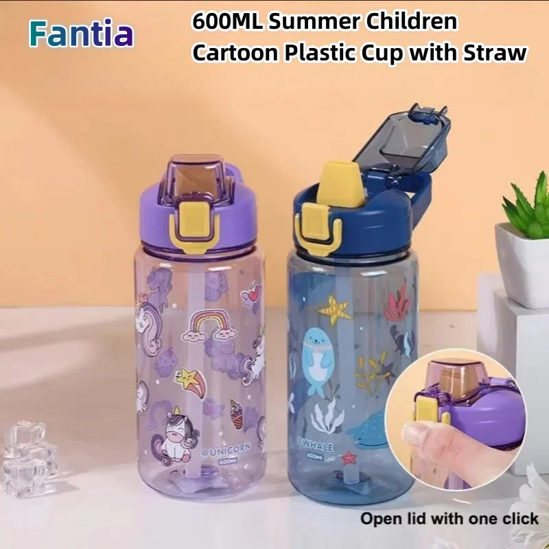 600ml Kids Water Bottle Cartoon Leak Proof Straw Cup for School Travel
