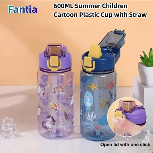 600ml Kids Water Bottle Cartoon Leak Proof Straw Cup for School Travel