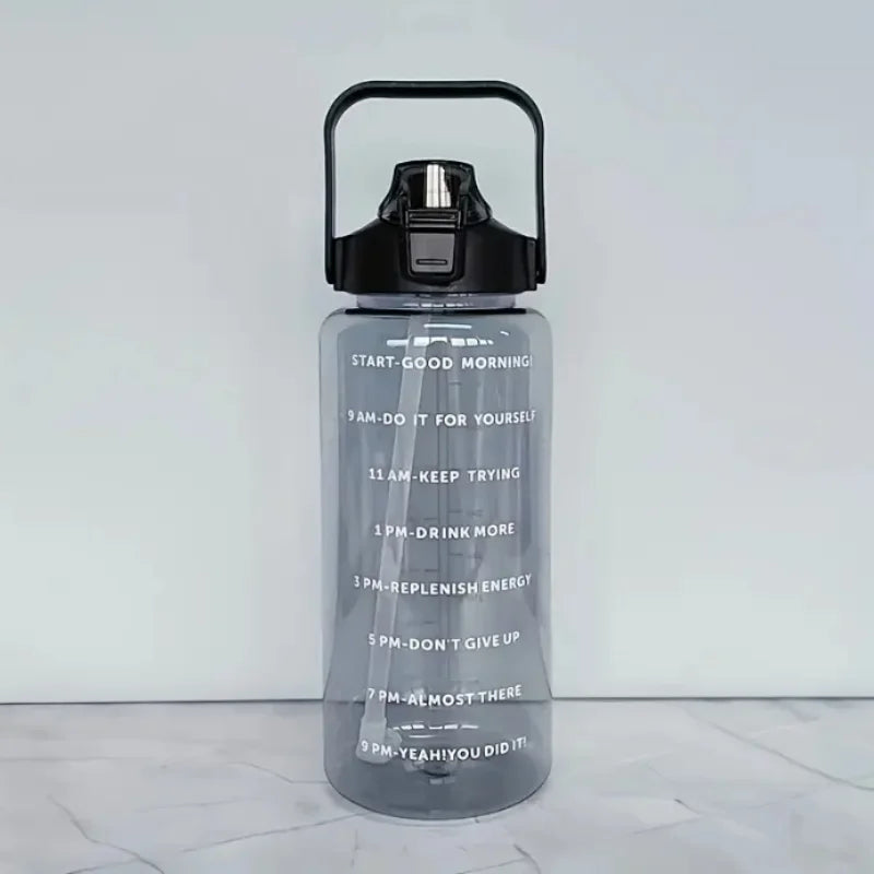 2L Large Water Bottle with Time Marker Straw and Portable Carry Handle