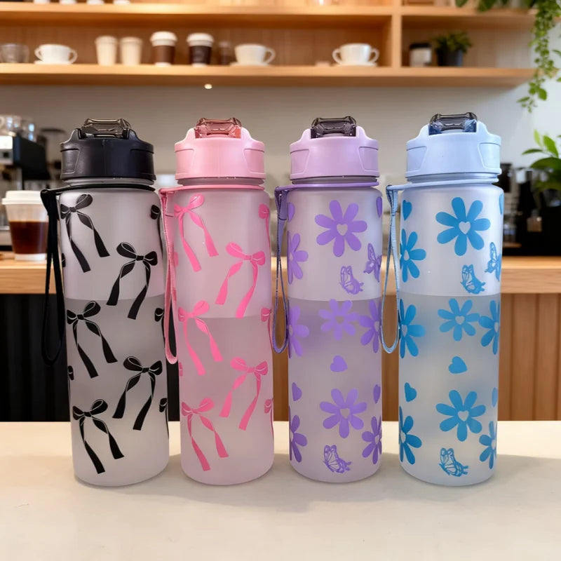 750ml Matte Water Bottle with Straw Cute Bowknot Leakproof Sport Cup