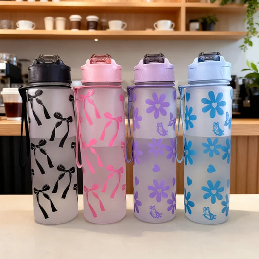 750ml Matte Water Bottle with Straw Cute Bowknot Leakproof Sport Cup