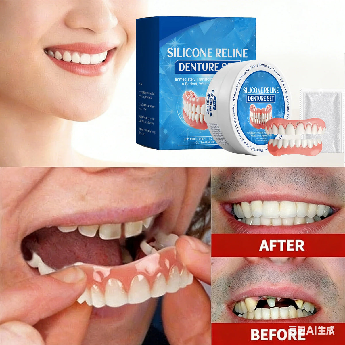 Silicone Dentures Full Set Upper Lower Temporary Smile Veneers