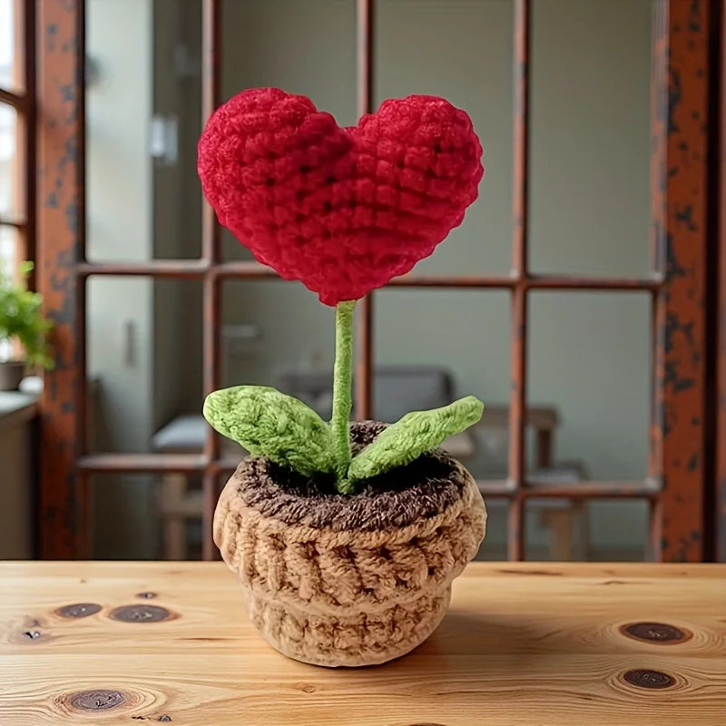 Handmade Knitted Heart Flower Pot Artificial Bonsai Desk Decoration Gift
