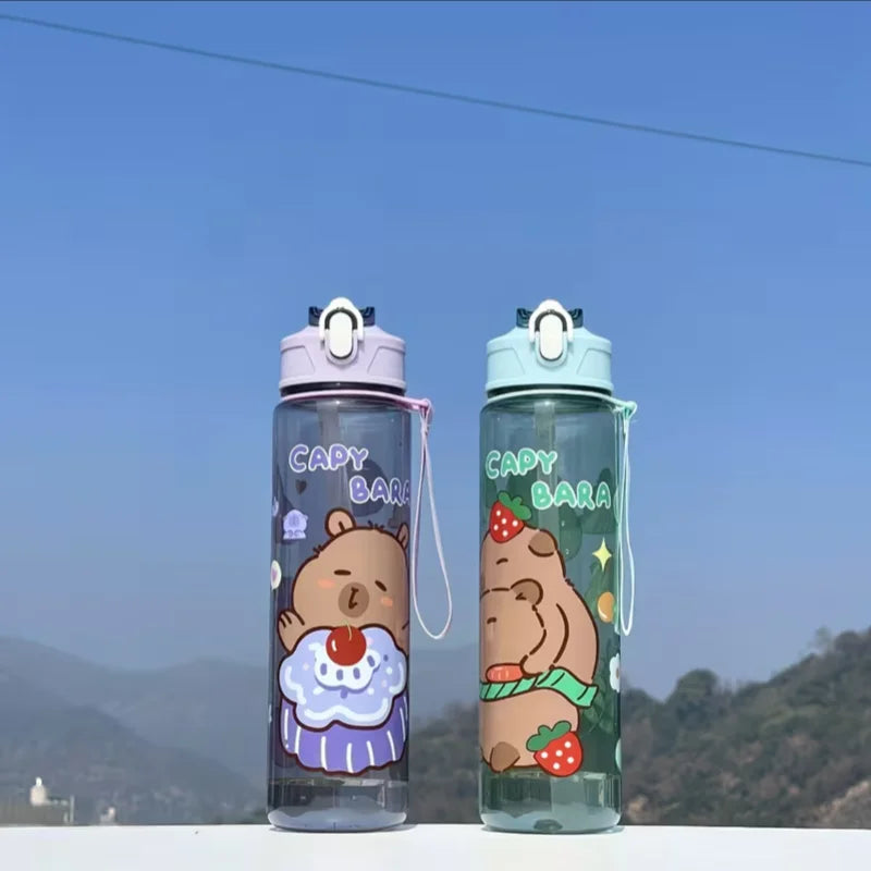 750ml Cute Capybara Water Bottle with Straw and Carrying Strap