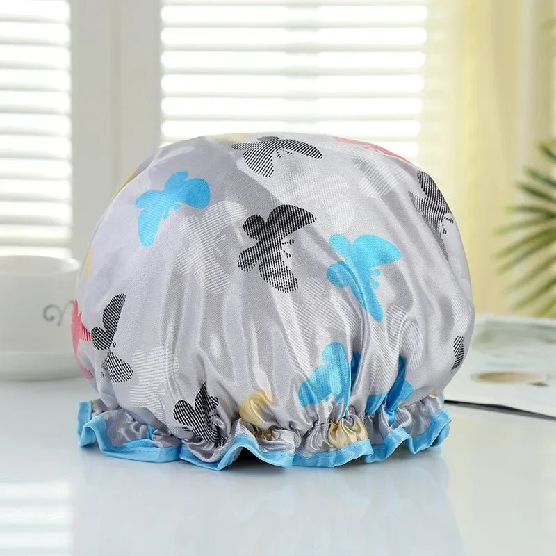 Double Layer Waterproof Shower Cap Reusable Bath Hair Cover Hat - 10