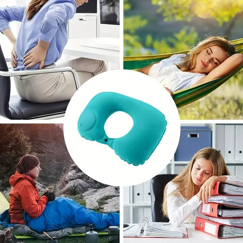 Portable Inflatable Travel Neck Pillow U Shaped Press Pump Cushion - 3