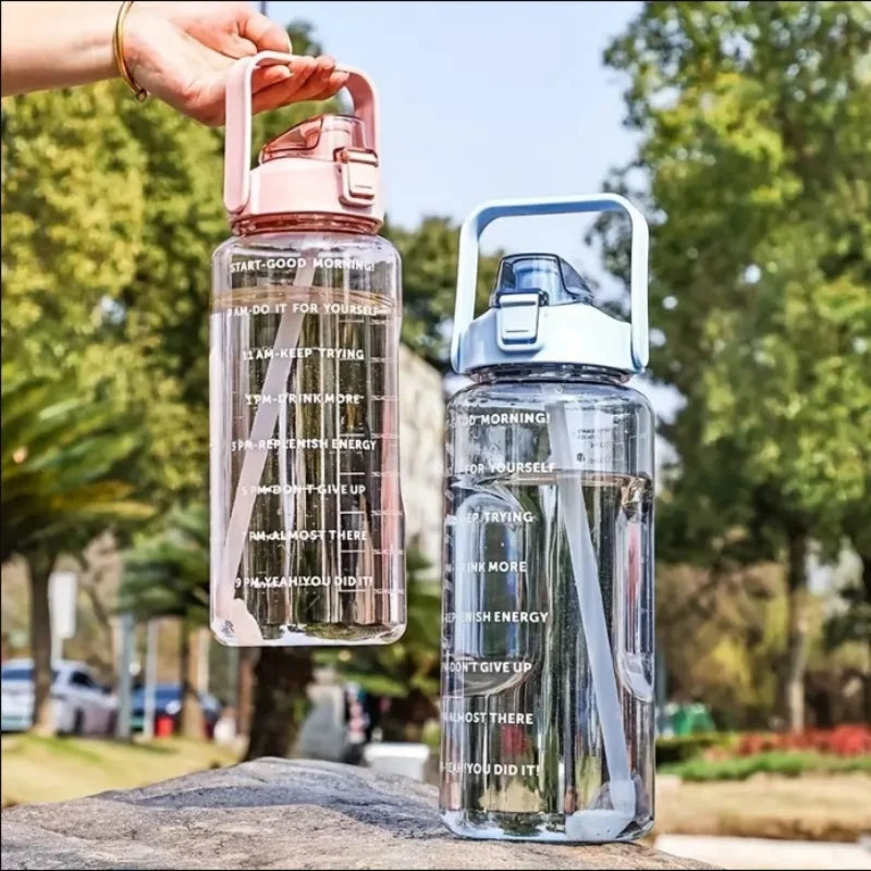 2L Large Water Bottle with Time Marker Straw and Portable Carry Handle
