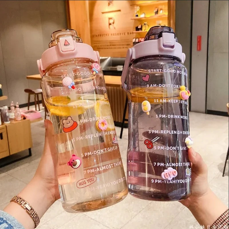 2L Motivational Water Bottle with Straw Large Fitness Sports Jug
