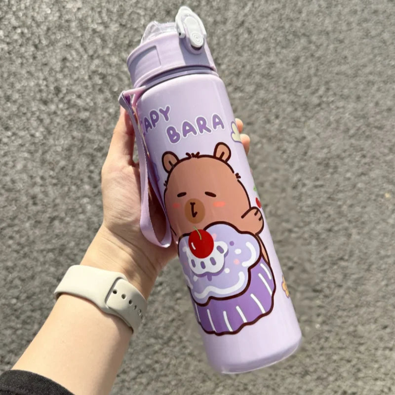Cute Capybara Water Bottle Large Capacity Sports Cup with Straw and Strap - 6