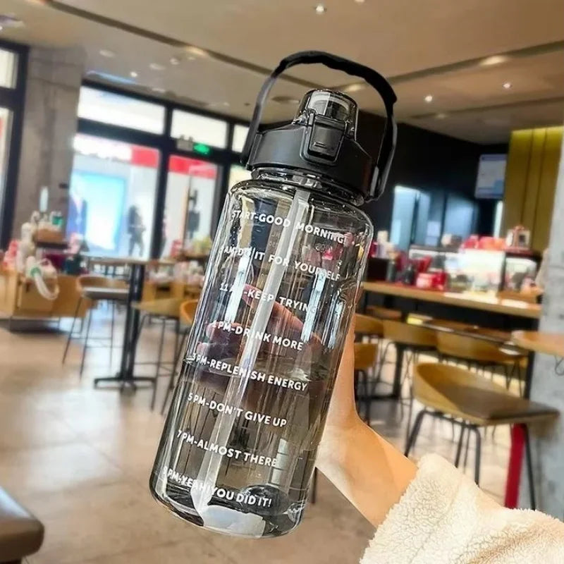 2L Motivational Sports Water Bottle with Straw Time Marker Fitness Jug