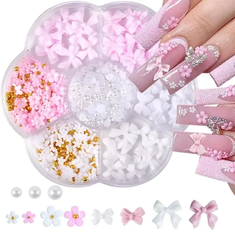 3D Acrylic Nail Art Bowknot Flower Resin Charms Rhinestones Pearl