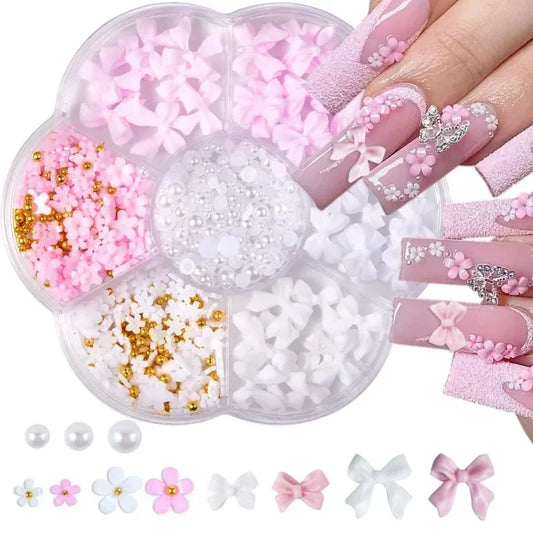 3D Acrylic Nail Art Bowknot Flower Resin Charms Rhinestones Pearl