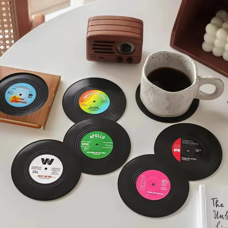 Retro Vinyl Record Coasters Set for Drinks Table Decor 6 or 12 Pack - 7
