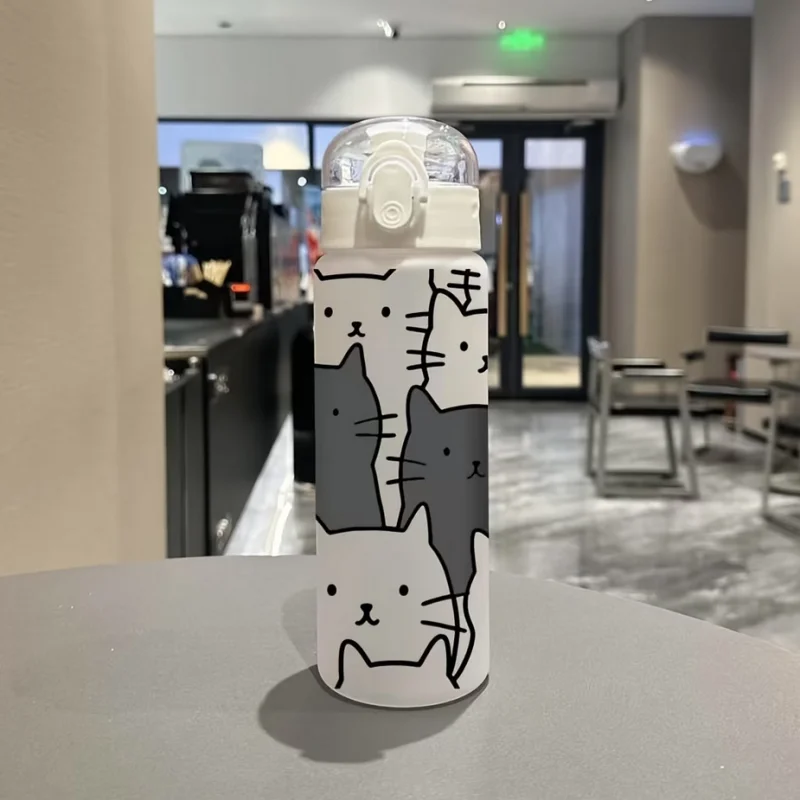 Cute Cartoon Kitten 780ml Sports Water Bottle Frosted Portable Tumbler