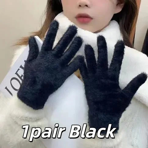 Women Winter Plush Warm Gloves Soft Five Finger Cold Proof Mittens - 14
