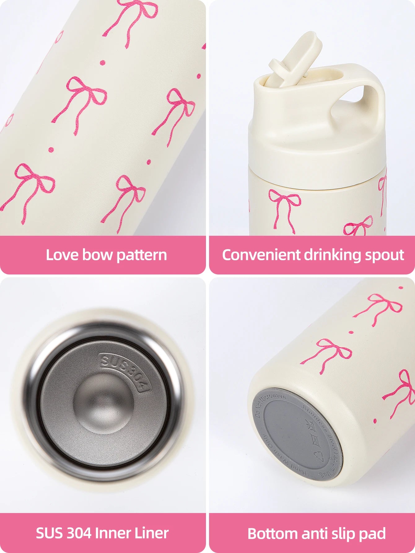 500ml Bow Print Insulated Stainless Steel Tumbler Cup with Straw