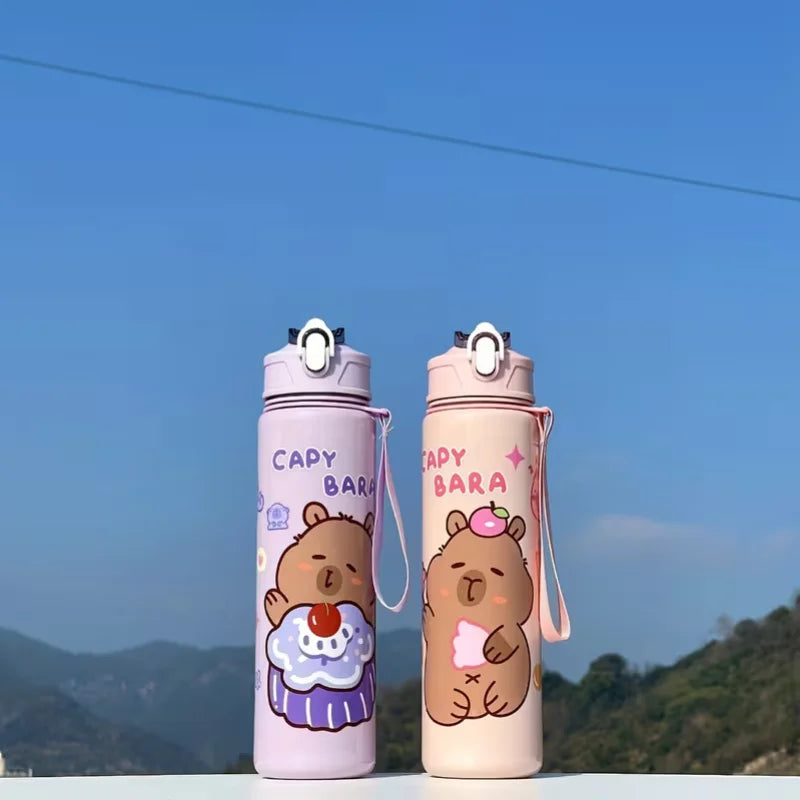 750ml Cute Capybara Water Bottle with Straw and Carrying Strap - 3