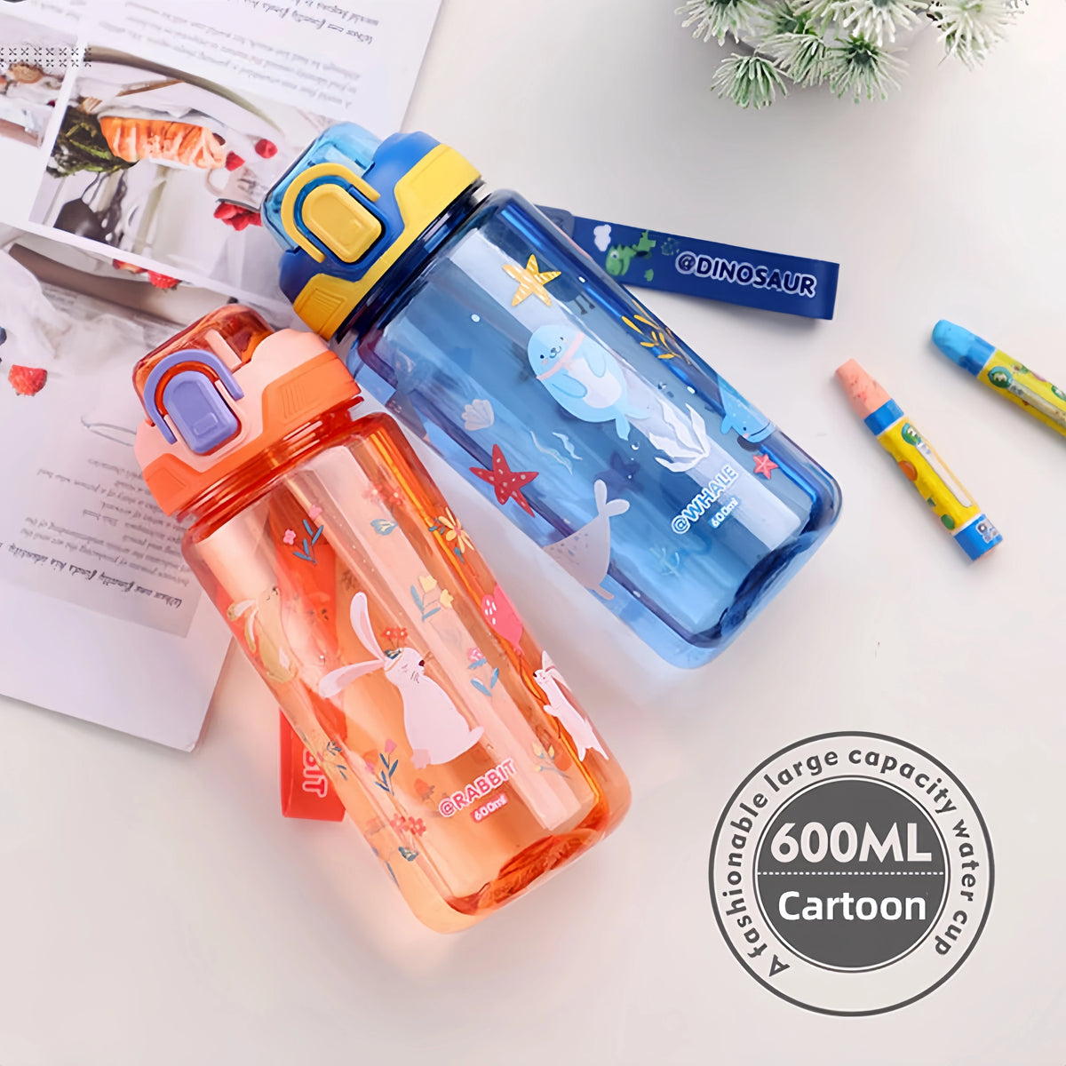 600ml Dinosaur Kids Water Bottle Leakproof Sippy Cup with Straw