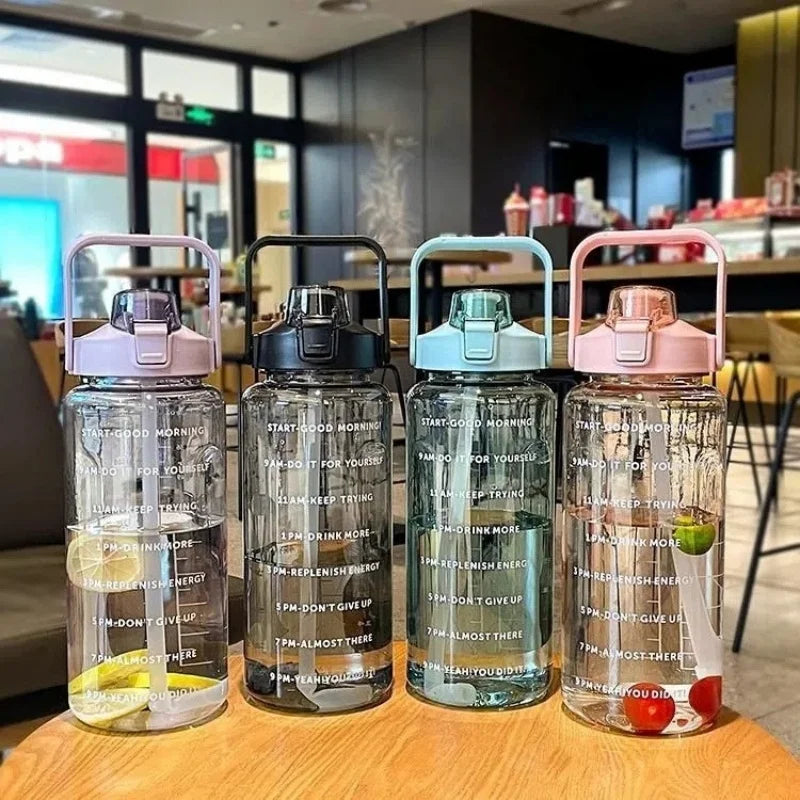 2L Motivational Water Bottle with Straw Time Marker Fitness Sports Jug