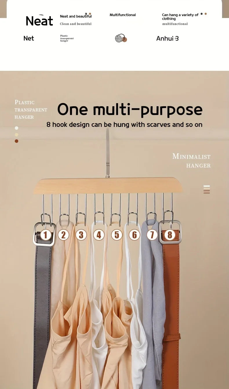 8 Hook Wooden Closet Organizer Rack for Belts Ties and Accessories