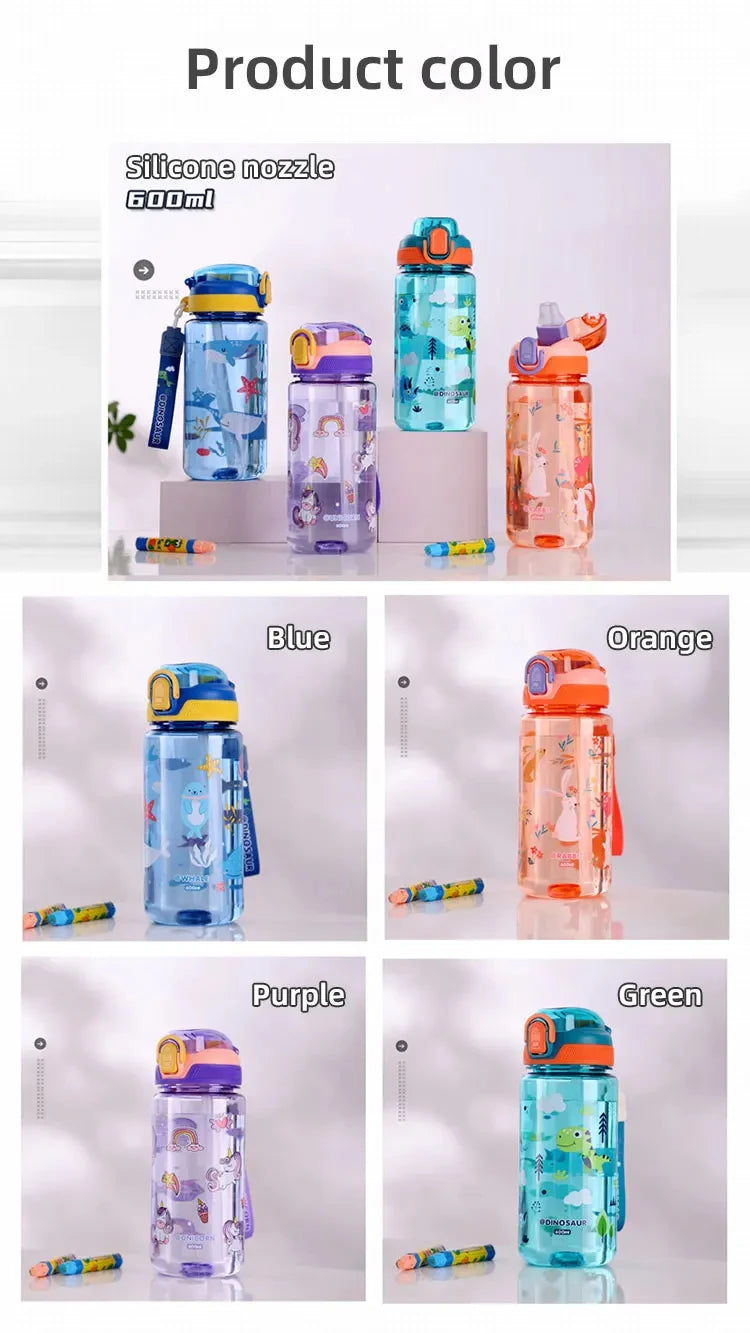 600ml Dinosaur Kids Water Bottle Leakproof Sippy Cup with Straw