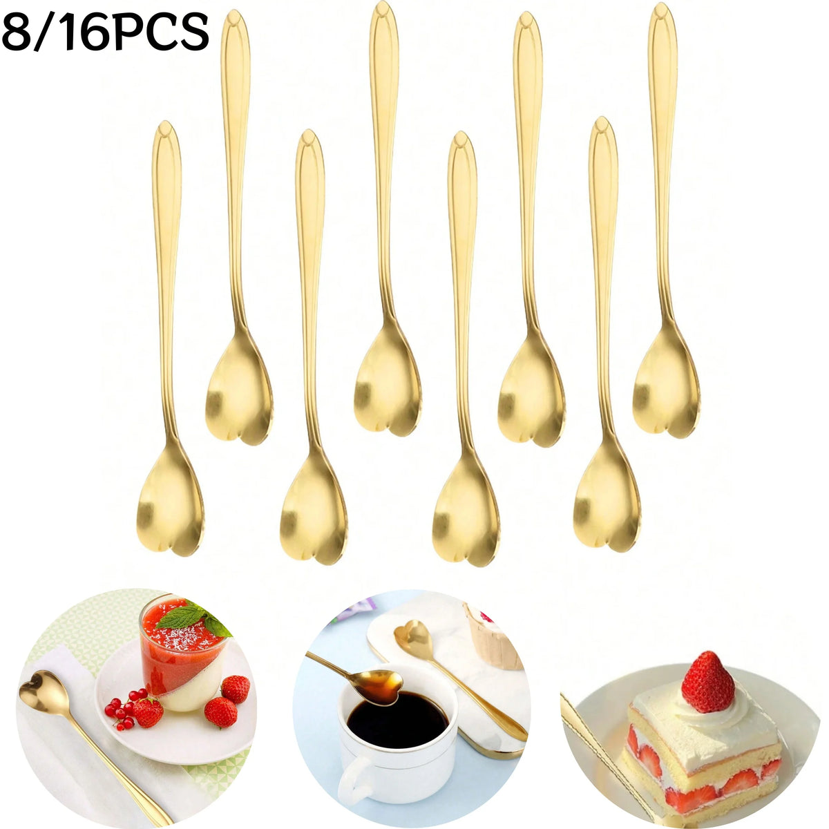 Heart Shape Coffee Spoons Set Stainless Steel Dessert Tea Scoop Gold