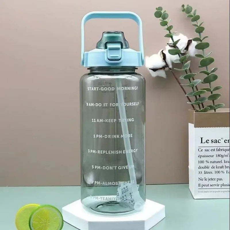 2L Motivational Water Bottle with Straw Time Marker Fitness Sports Jug - 13