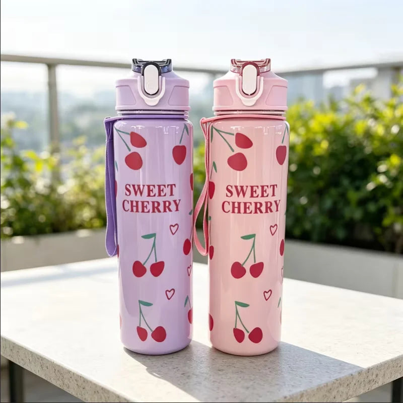 750ml Cherry Print Sports Water Bottle with Straw and Carrying Strap